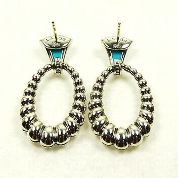 LAGOS Venus Link Oval Fluted Sterling Silver 18K Gold Post Turquoise Earrings - Picture 4 of 10